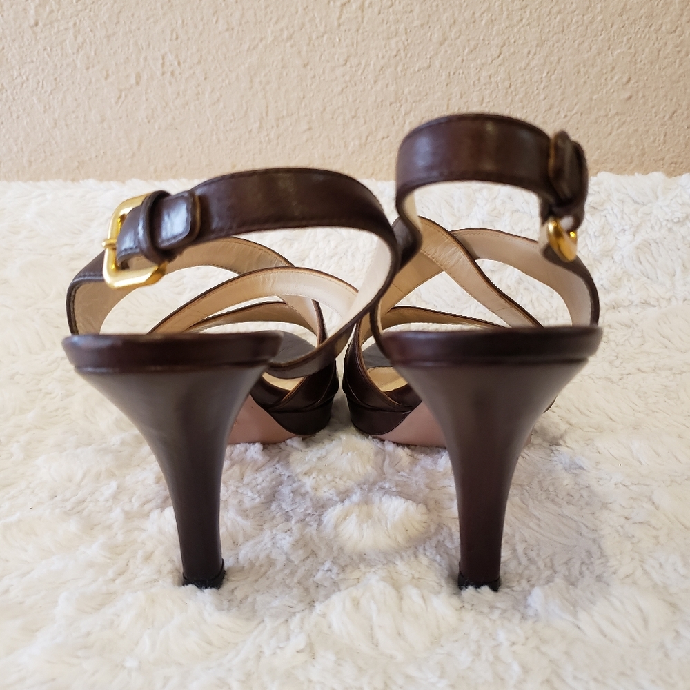 PRADA Brown Leather Criss Cross Peep Toe Slingback - Picture 8 of 11
